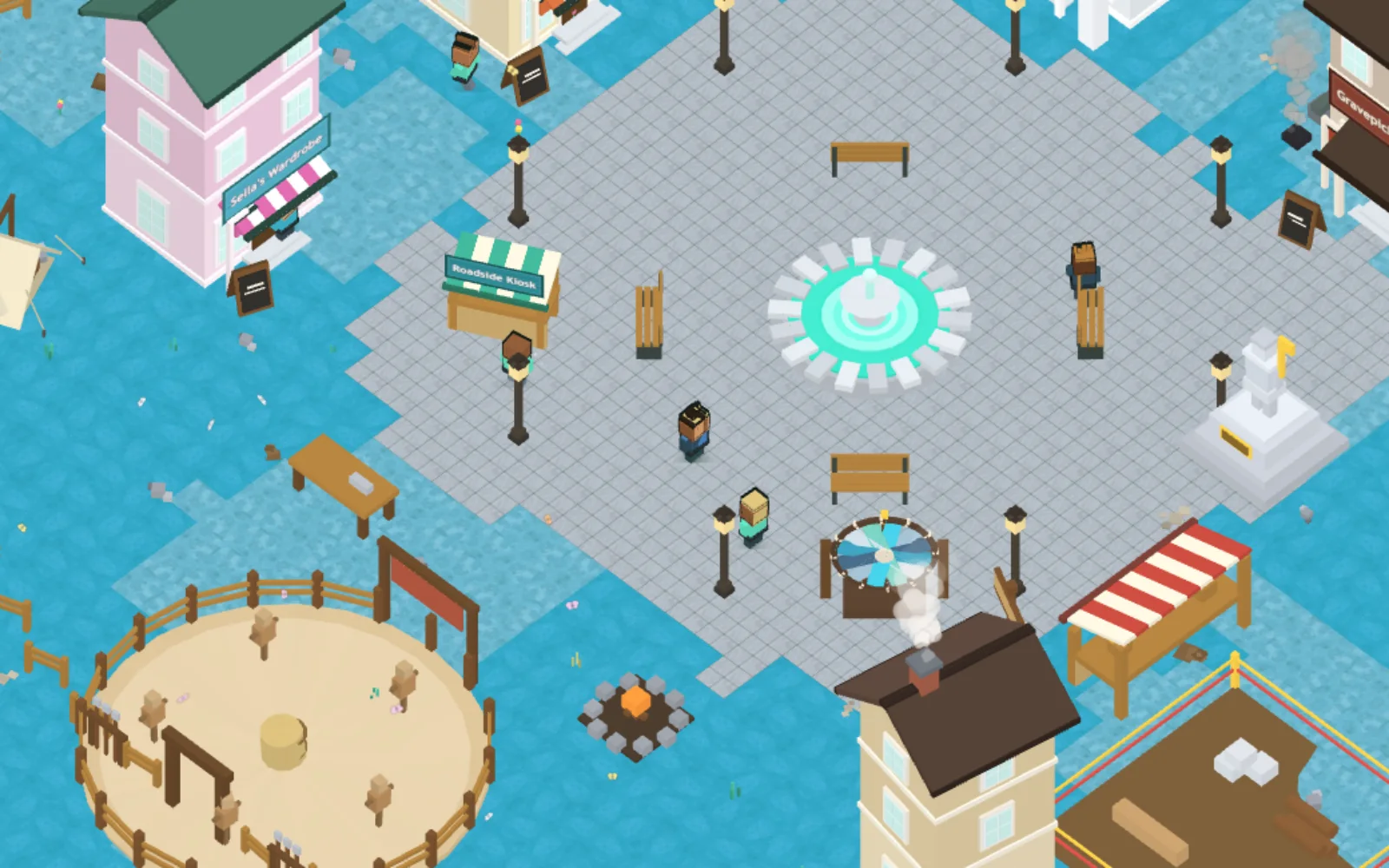 Cinderhearth's plaza: the fountain, shops, the roast pit and players walking about