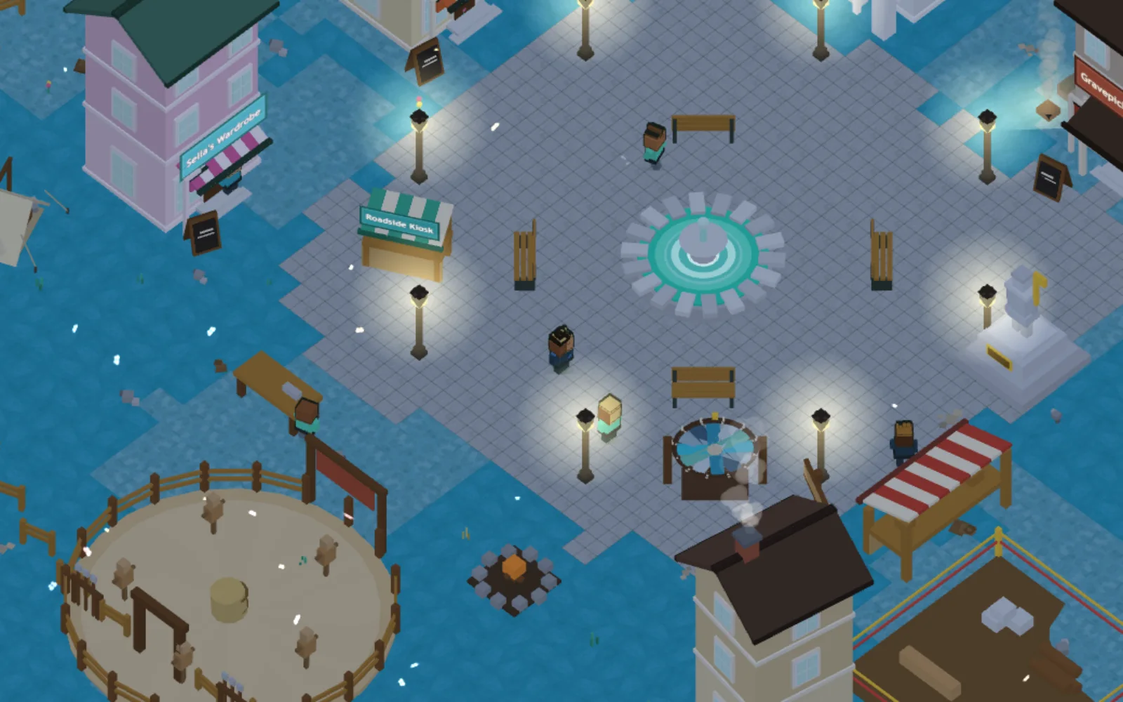 The plaza at night, lit by lampposts